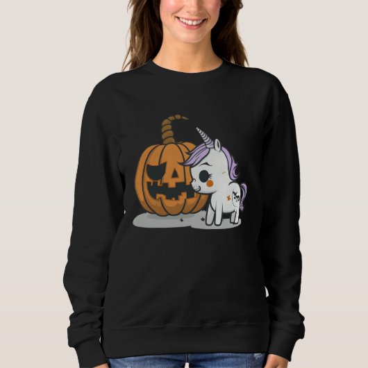 Sweatshirt Halloween pumpkin eats unicorn skeleton candy (Devant)