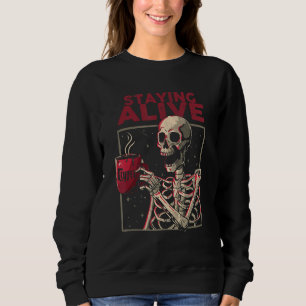Sweatshirt Halloween Rester Vivant Squelette Boire Café Skel