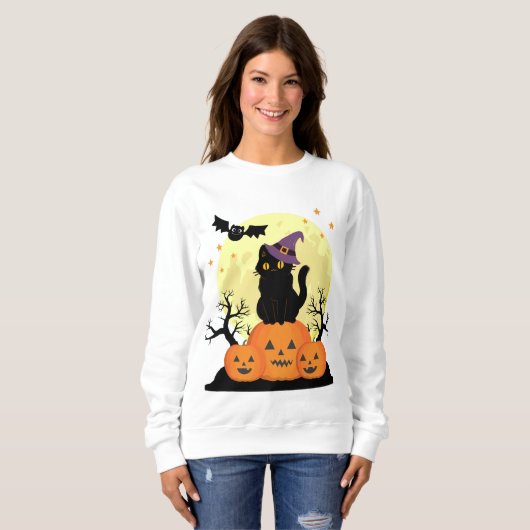 Sweatshirt Halloween sorcière chatte Éffrayante Jack-o-lanter (Devant entier)