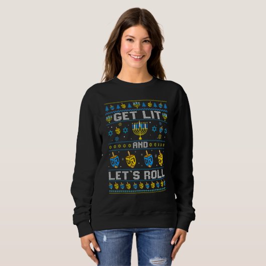 Sweatshirt Hanukkah Ugly Sweater Get Lit and Lets Roll Chanuk (Devant entier)
