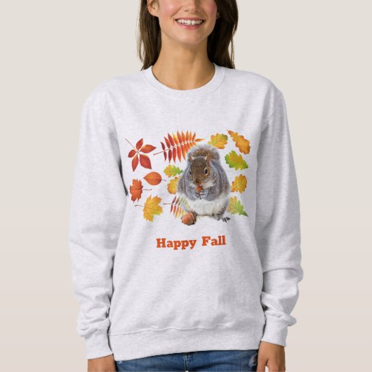 Sweatshirt Happy Fall Orange Feuilles et saison des écureuils (Devant)