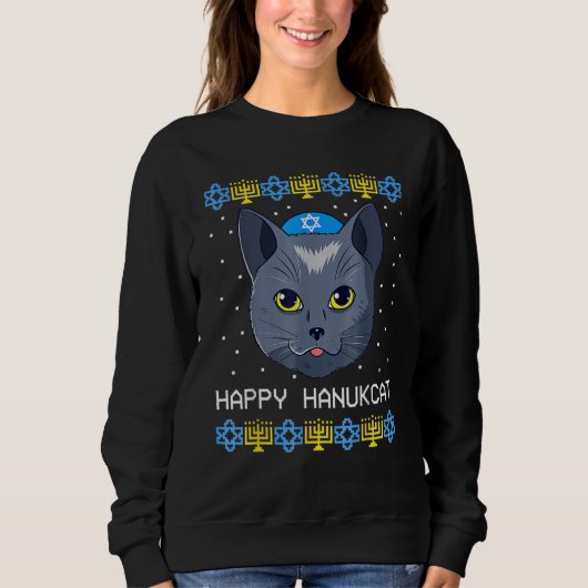 Sweatshirt Happy Hanukcat Ugly Hanukkah Sweater Cat Chanukah (Devant)