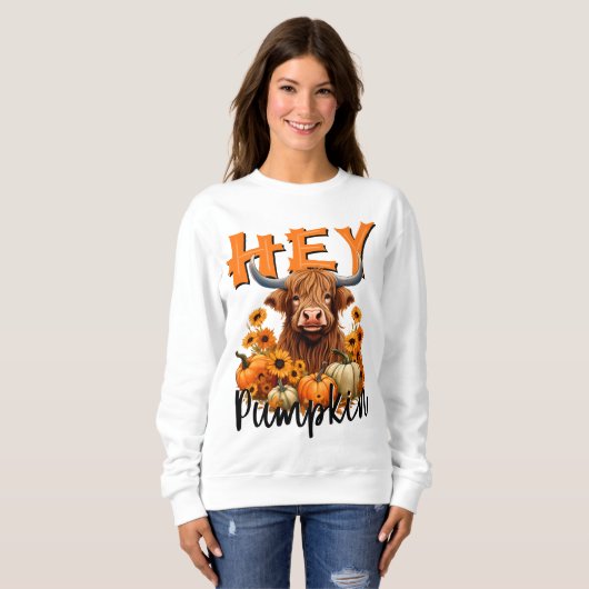 Sweatshirt Hey Citrouille Highland Cow Fall Harvest (Devant entier)