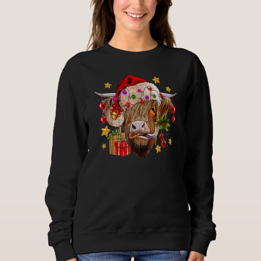 Sweatshirt Highland Cow Joy Santa Hat Christmas Lights Wester (Devant)