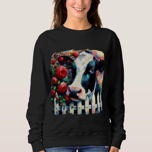 Sweatshirt Holstein Picket de vache clôture Roses rouges Noir (Devant)