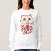 Sweatshirt Illustration de thé et de chat rose (Devant)