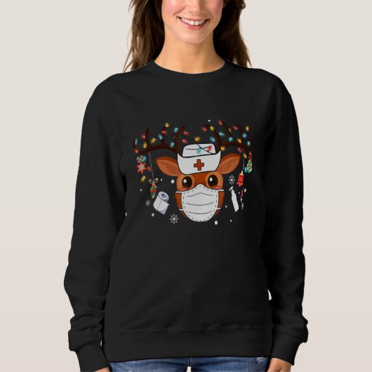 Sweatshirt Infirmière de Noël Reindeer Visage Masque Lumières (Devant)