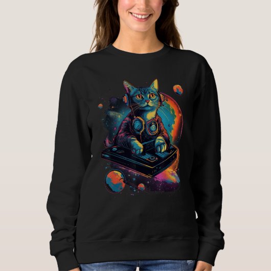 Sweatshirt Intergalactic Cosmic DJ Cat Vibrant Retro Futurist (Devant)