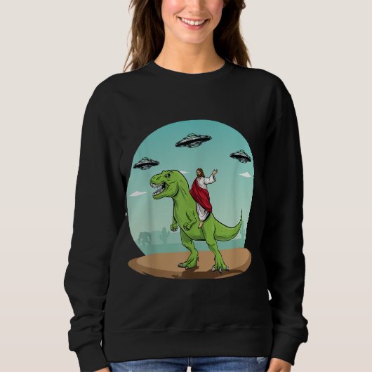 Sweatshirt Jesus équitation A Dinosaur Drôle Bigfoot UFO Alie (Devant)