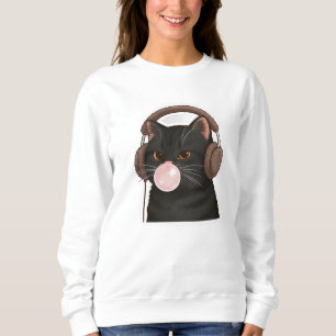 Sweatshirt Joli Chat Noir avec Écouteurs en Train de Faire de