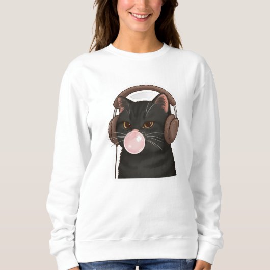 Sweatshirt Joli Chat Noir avec Écouteurs en Train de Faire de (Devant)