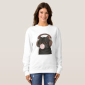 Sweatshirt Joli Chat Noir avec Écouteurs en Train de Faire de (Devant entier)