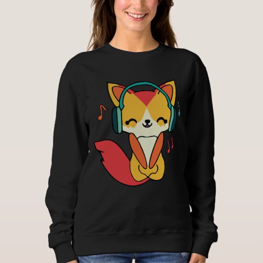 Sweatshirt Joli renard avec écouteurs écoutant de la musique. (Devant)