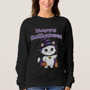 Sweatshirt Jolie sorcière blanche chat heureuse Halloween