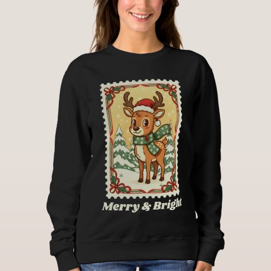 Sweatshirt Joyeux & Bright Reindee Timbre Postage de Noël (Devant)