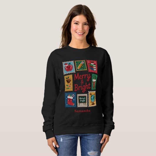 Sweatshirt Joyeux et brillant enseignant de Noël Collage noir (Devant entier)
