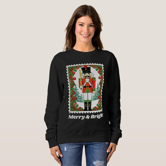 Sweatshirt Joyeux et brillant Nutcracker Timbre de Noël (Devant entier)