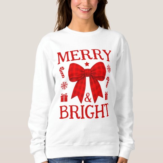Sweatshirt Joyeux et Lumineux Noël Rouge à Ruban Gingham (Devant)