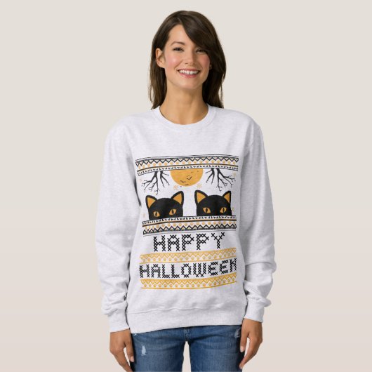 Sweatshirt Joyeux Halloween Chats Noirs Douceur moche Faux Kn (Devant entier)