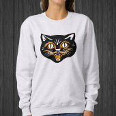 Sweatshirt Joyeux Halloween noir visage de chat avec blanc or