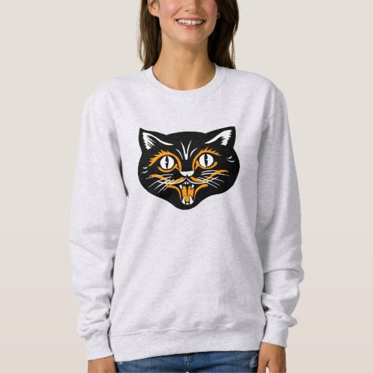 Sweatshirt Joyeux Halloween noir visage de chat avec blanc or (Devant)