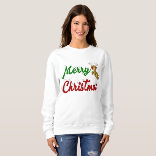 Sweatshirt Joyeux Noël Flying Reindeer rouge vert script (Devant entier)