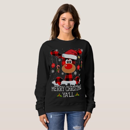 Sweatshirt Joyeux Noël Ya'll Buffalo Red Plaid Reindeer S (Devant entier)