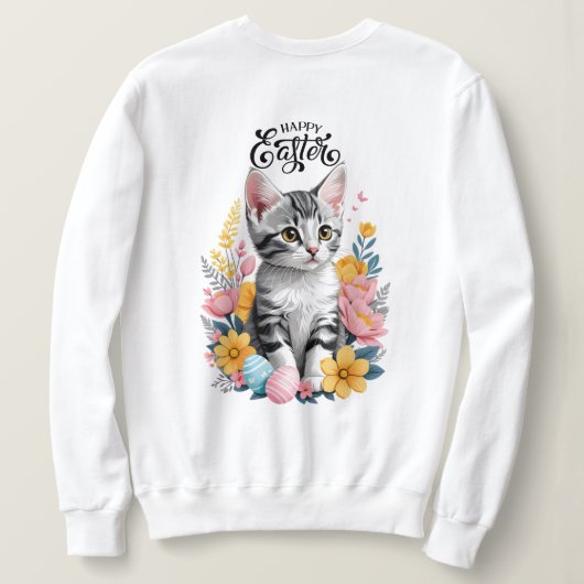 Sweatshirt Joyeux Tabby Gris de Pâques avec fleurs (Design dos)