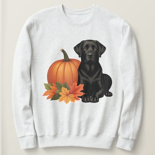 Sweatshirt Labrador Noir avec feuilles d'automne et Citrouill (Design devant)