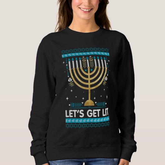 Sweatshirt Let's Get Lit Menorah Jewish Ugly Hanukkah Chanuk (Devant)