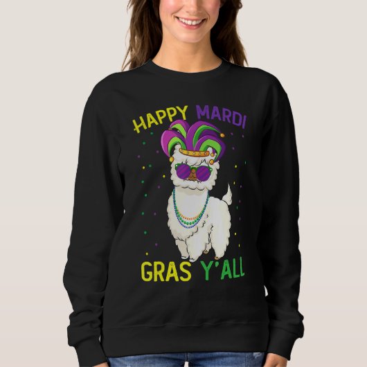 Sweatshirt Llama Mardi Gras Holding Mask & Bead Love Mardi Gr (Devant)