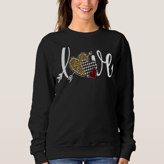 Sweatshirt Love Leopard Plaid Red Hearts Valentines Day Pour  (Devant)