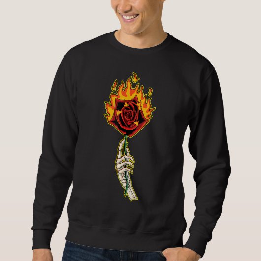 Sweatshirt Main de squelette avec fleur de rose en feu (Devant)