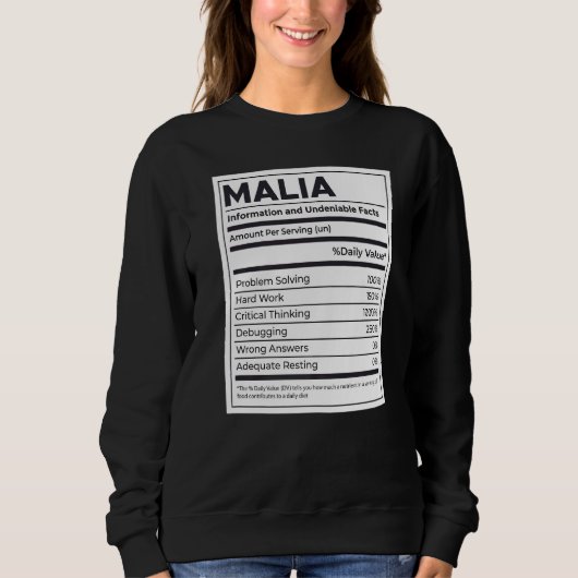 Sweatshirt Malia Information sur la nutrition Problème de rés (Devant)