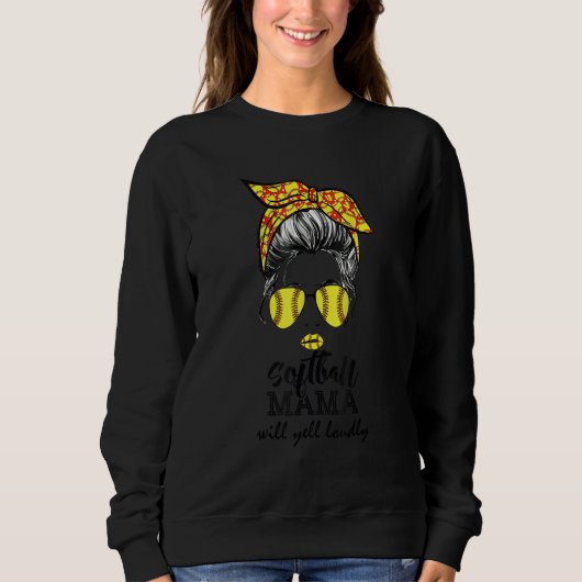 Sweatshirt Maman de softball chignon désordonné criera bruyam (Devant)