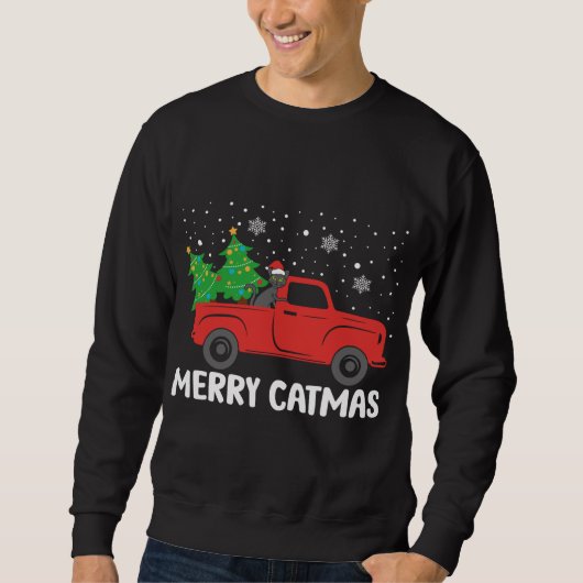 Sweatshirt Merry Catmas Chat noir et sapin de Noël Truc rouge (Devant)