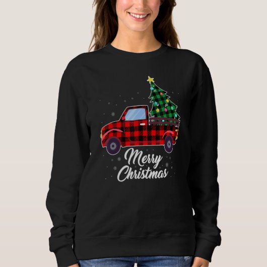 Sweatshirt Merry Christmas Tree Buffalo Plaid Red Truck (Devant)