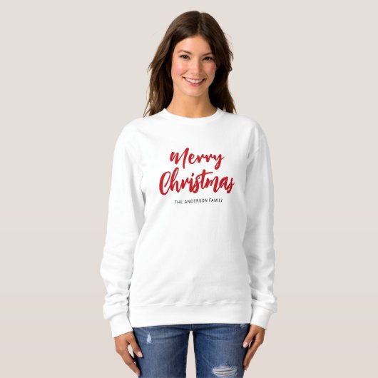 Sweatshirt Modern Merry Christmas Red Script Family Name (Devant entier)