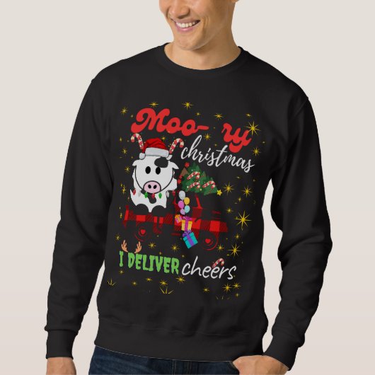 Sweatshirt Moo-ry Christmas Cow in Plaid Truck Holiday design (Devant)