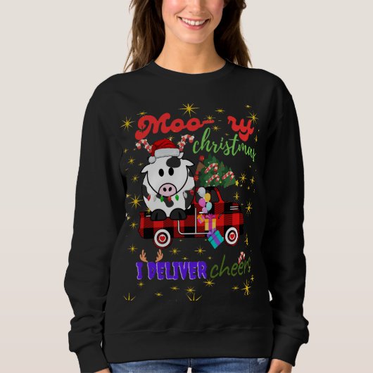 Sweatshirt Moo-ry Christmas Cow in Plaid Truck Holiday design (Devant)