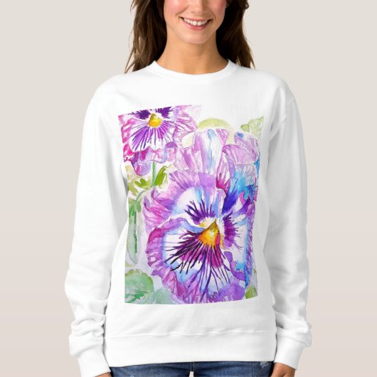 Sweatshirt Motif d'aquarelle Pansy sur panneaux bleu violet (Devant)