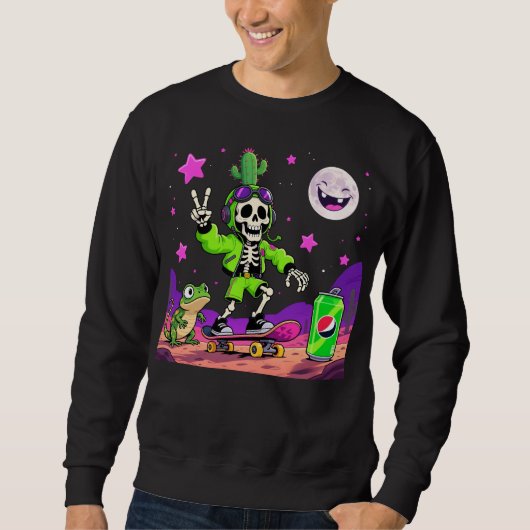 Sweatshirt Neon Skeleton Skateboarder Rebel Cartoon (Devant)