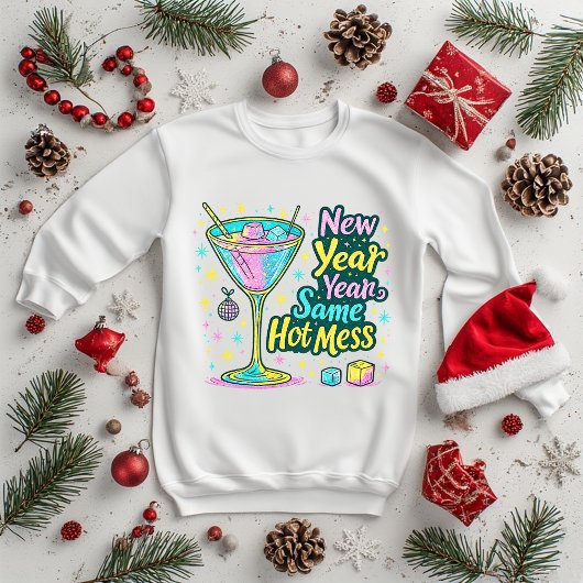 Sweatshirt New Year Same Hot Mess Cocktail Glitter Art