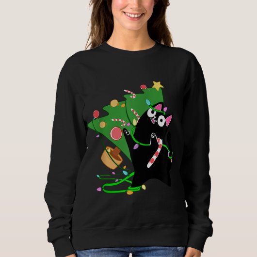 Sweatshirt Noël Black Cat Zoomies assaut sur xmas arbre k (Devant)