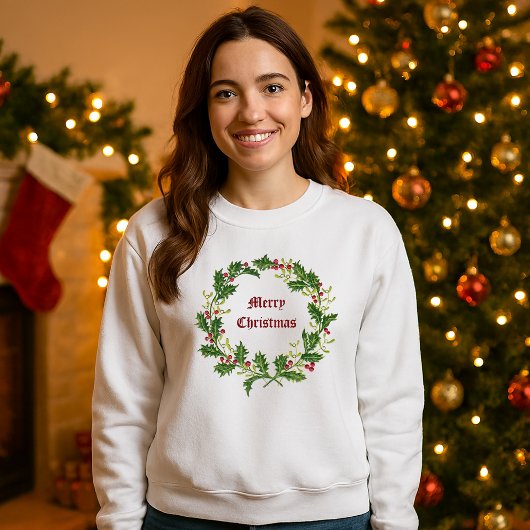 Sweatshirt Noël Holly Berries & Mistletoe Wreath