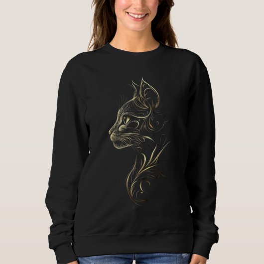 Sweatshirt noir avec élégant design de chat en or (Devant)
