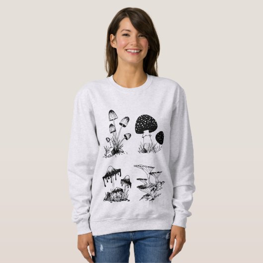 Sweatshirt Noir de beaucoup de champignons sur le blanc (Devant entier)