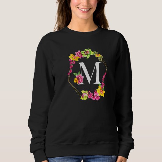 Sweatshirt Orchidées rose jaune vert Monogramme floral initia (Devant)