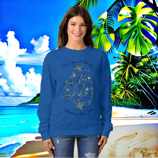 Sweatshirt Paillettes de Nouvel An Bleu Étincelant Étoiles de