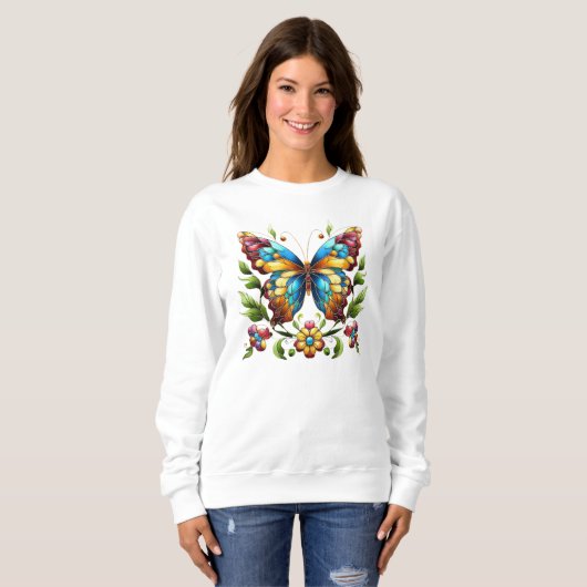Sweatshirt Papillon en vitrail coloré avec fleurs (Devant entier)